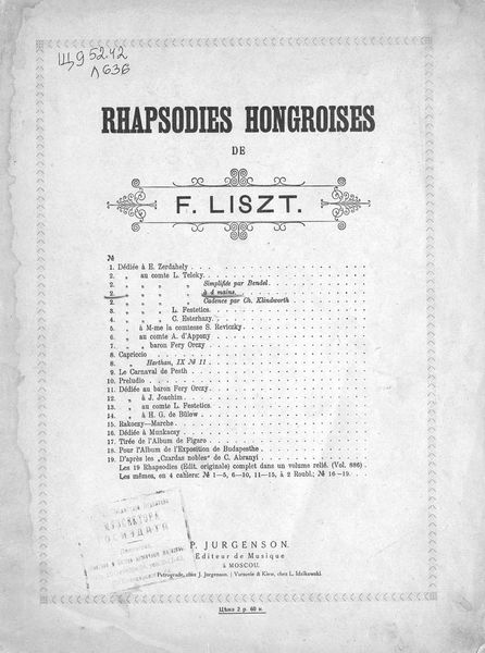 Обложка книги  «2 Rhapsodie hongroise par F. List, a 4 ms.»