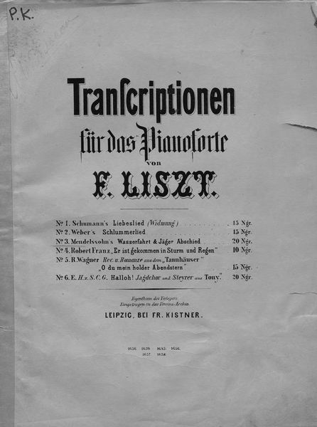 Обложка книги  «Mendelssohn's Wasserfahrt & Jager Abschied fur das Pianoforte ubertragen v. F. Liszt»