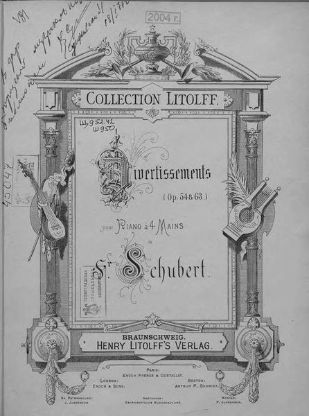 Обложка книги  «Divertissements (Op. 54 & 63) pour piano a 4 ms. de S. Schubert»