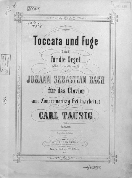 Обложка книги  «Toccata und Fuge (D-moll) fur die Orgel v. Jogann Sebastian Bach»