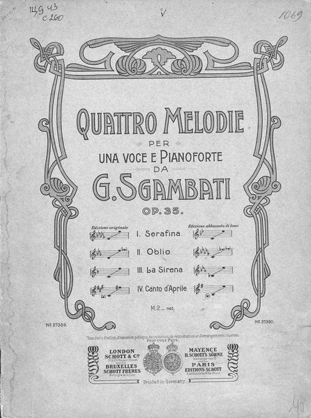 Обложка книги  «Quattro Melodie per una voce e Pianoforte da G. Sgambati»