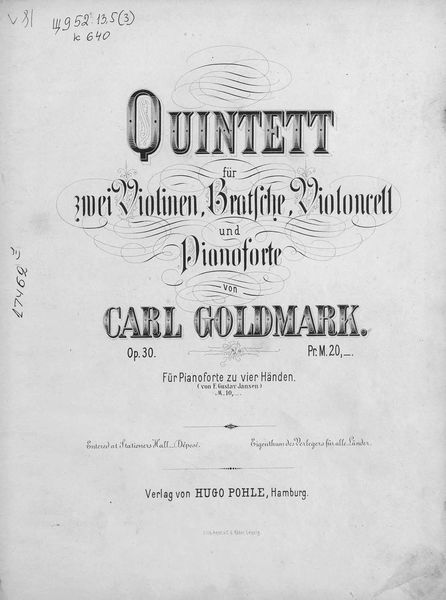 Обложка книги  «Quintett fur 2 Violinen, Bratsche, Violoncell und Pianoforte v. Carl Goldmark»