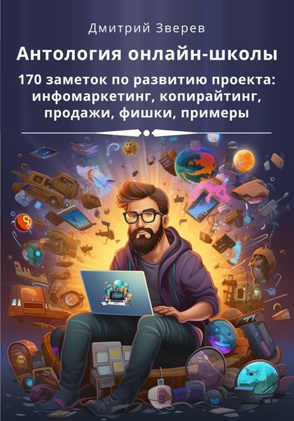 Обложка книги  «Антология онлайн-школы. 170 заметок по развитию проекта: инфомаркетинг, копирайтинг, продажи, фишки, примеры»