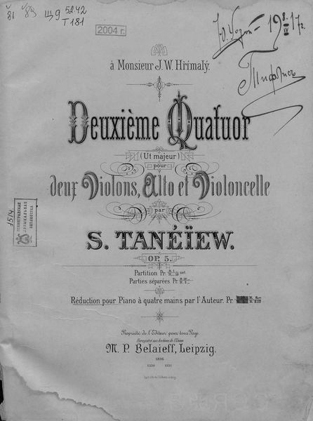 Обложка книги  «Deuxieme Quatuor (ut majeur) pour 2-x Violons, Alto et Violoncelle par S. Tanelew»