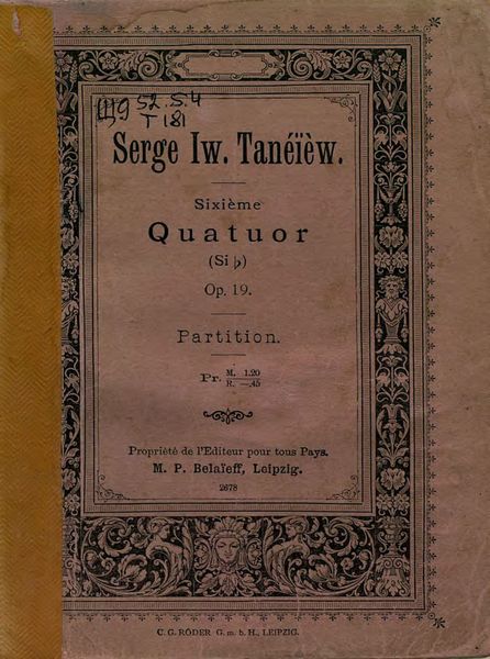 Обложка книги  «Sixieme Quatuor (Sib.) pour 2 Violons, Alto et Violoncelle par S. Taneiew»