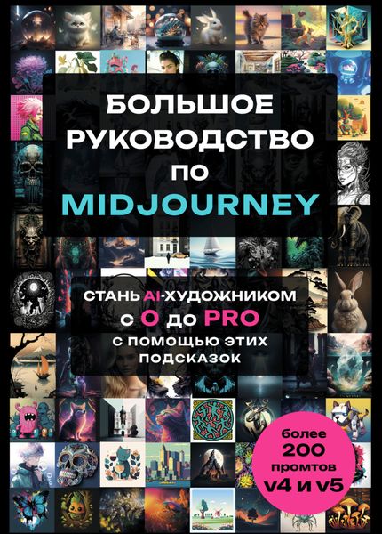 Обложка книги  «Большое практическое руководство по Midjourney. Стань AI-художником с 0 до PRO с помощью этих подсказок»