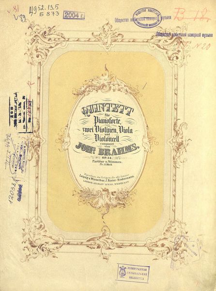 Обложка книги  «Quintett fur Pianoforte, 2 Violinen, Viola und Violoncell comp. v. Joh's Brahms»